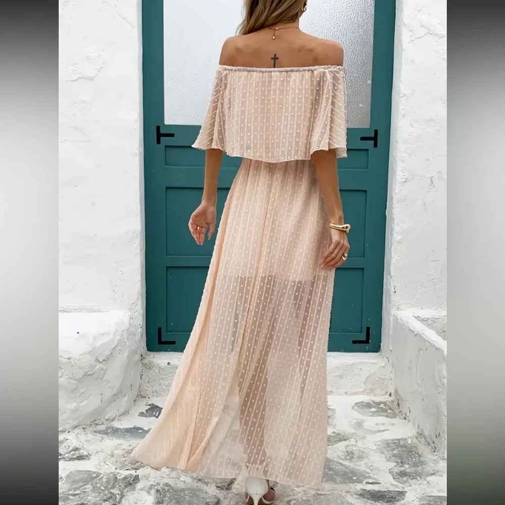 Cream Ruffled Off-Shoulder Maxi Sundress - Picture 7 of 11